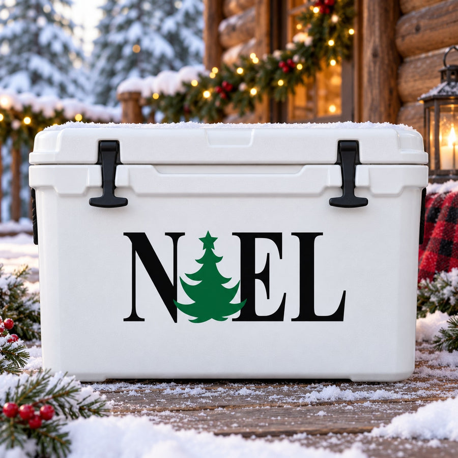 Noel printed decal with green Christmas tree centerpiece on white background