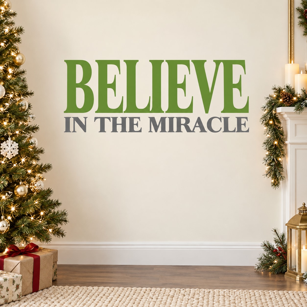 Printed wall decal text: green 'BELIEVE' and white 'IN THE MIRACLE'.