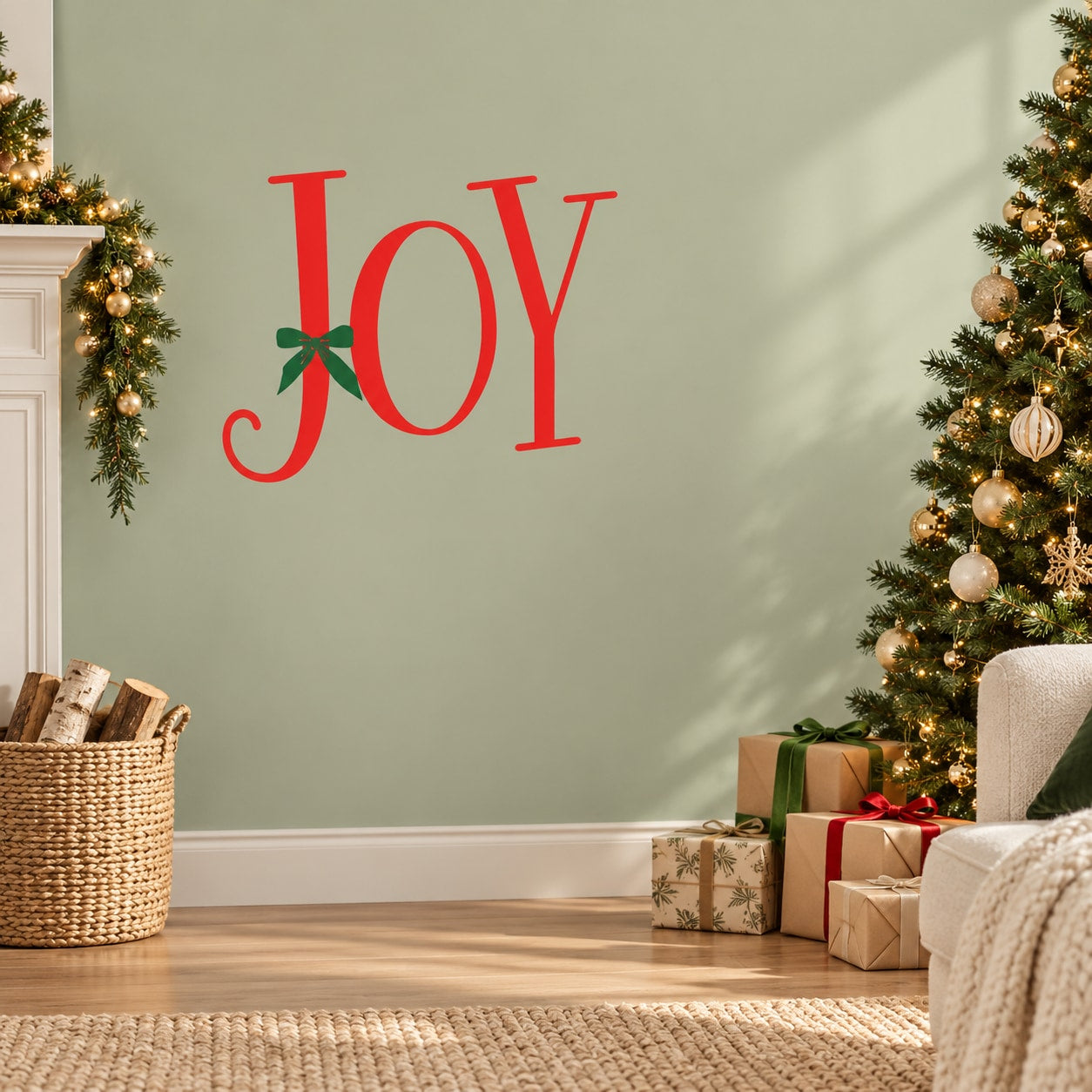 Red JOY wall decal with bow accents on the O