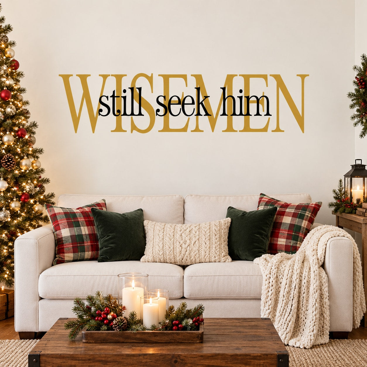 Gold and white holiday wall decal reading 'Wise men still seek him'
