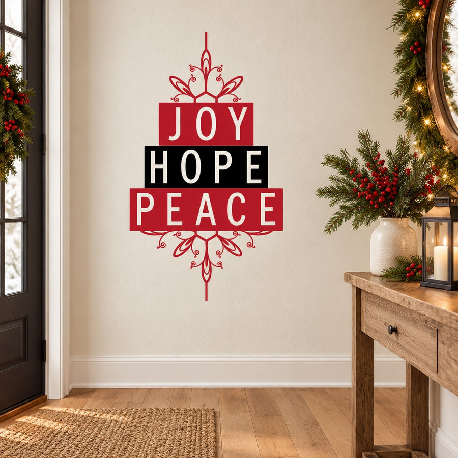 Red tile-style wall decal with ornamental frame reading JOY, HOPE, PEACE