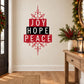 Red tile-style wall decal with ornamental frame reading JOY, HOPE, PEACE