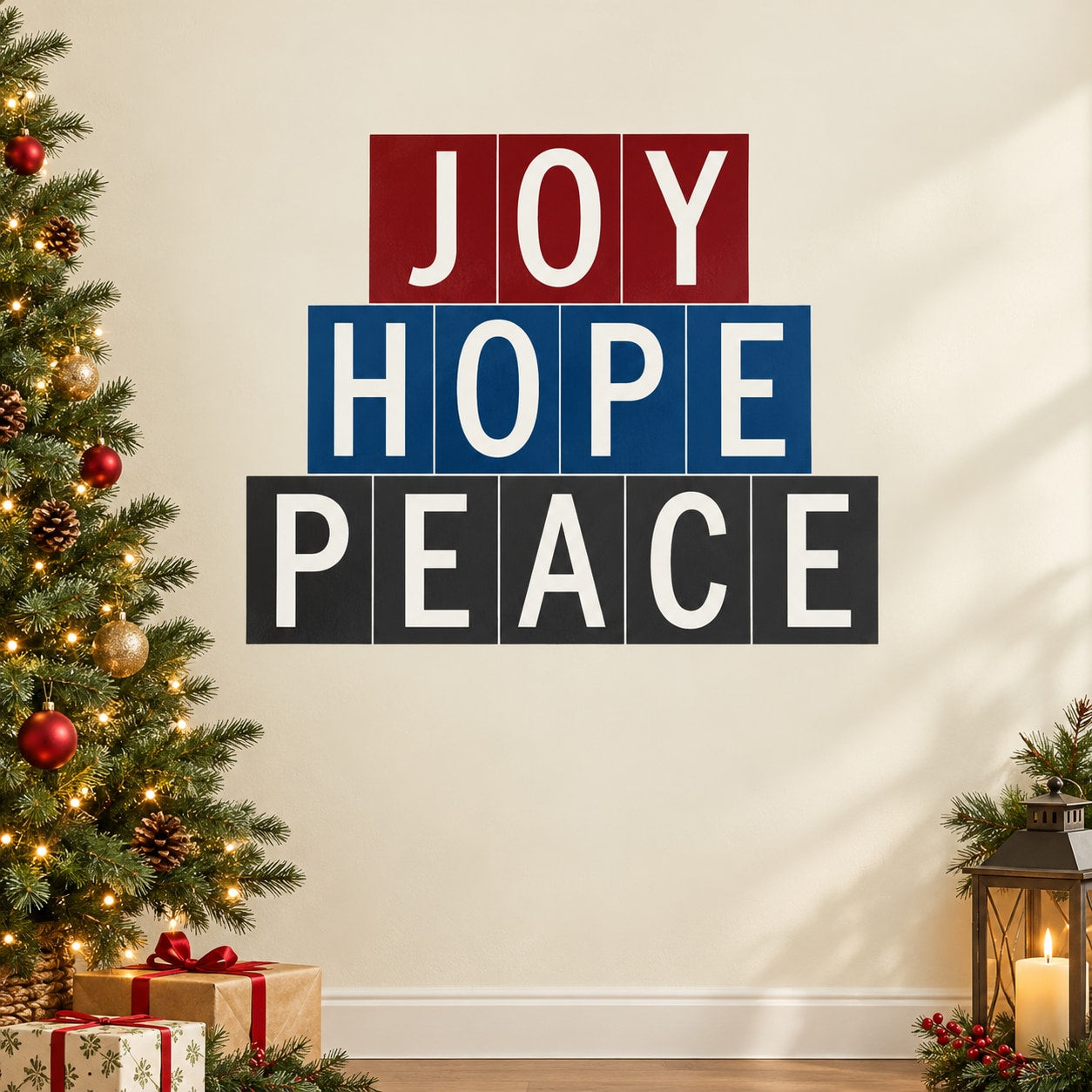 Tile-printed wall decal with stacked JOY HOPE PEACE block letters