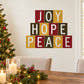 Joy Hope Peace tile printed decal with stacked block letters in red, gold, cream