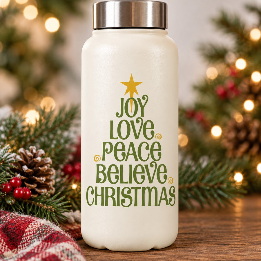 White Christmas decal with star and text: Joy Love Peace Believe Christmas