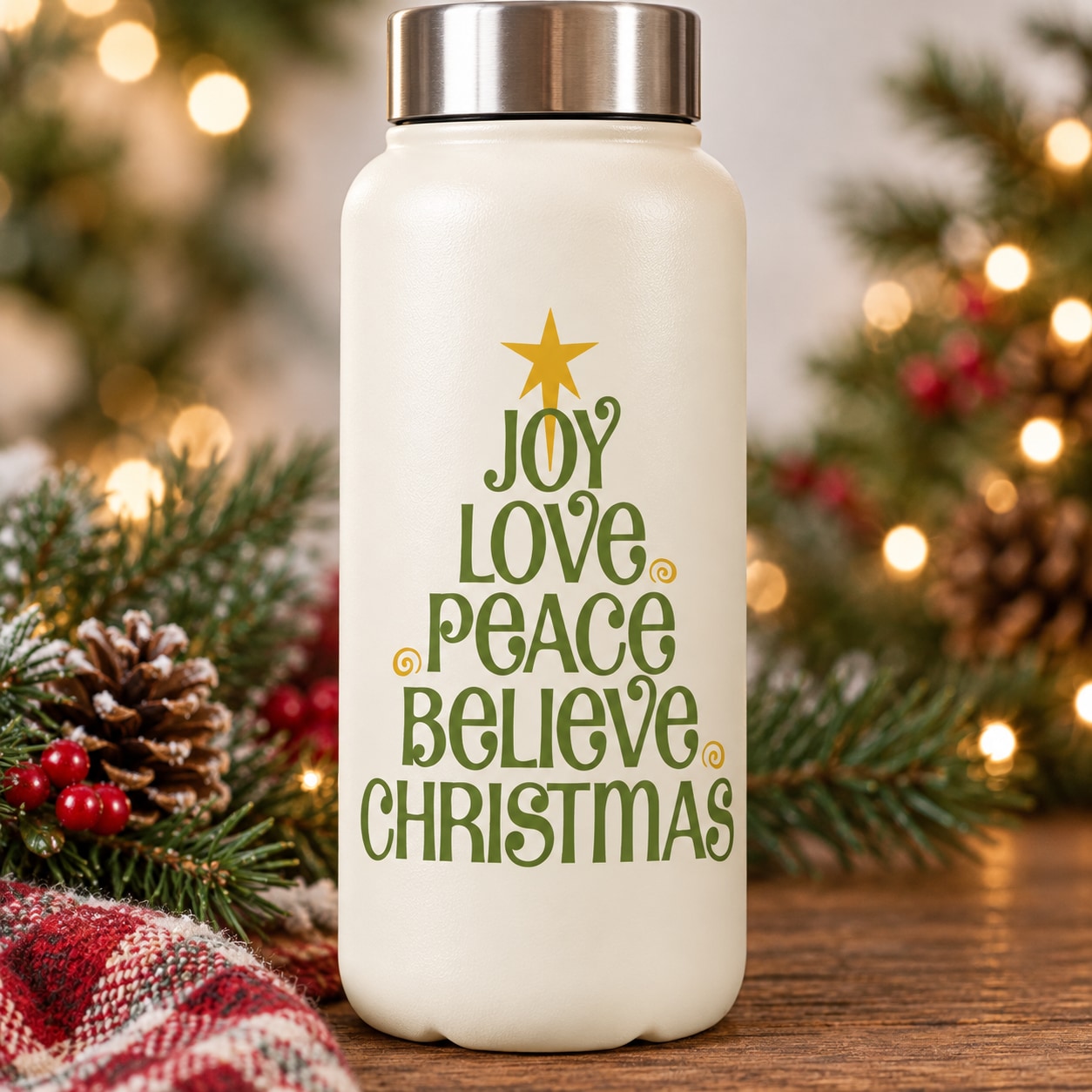 White Christmas decal with star and text: Joy Love Peace Believe Christmas