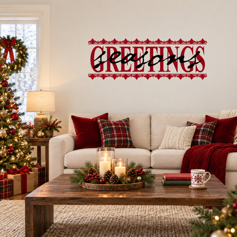 Holiday greetings wall decal with red ornate "GREETINGS" lettering