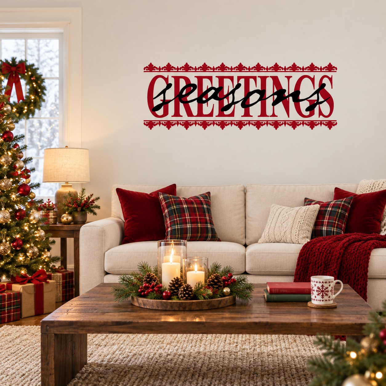 Holiday greetings wall decal with red ornate "GREETINGS" lettering