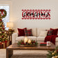 Holiday greetings wall decal with red ornate "GREETINGS" lettering