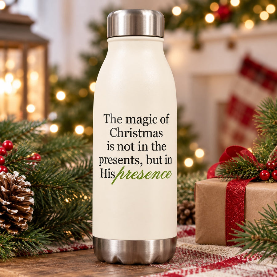 Stainless steel insulated bottle with black Christmas quote decal: “The magic of Christmas…”