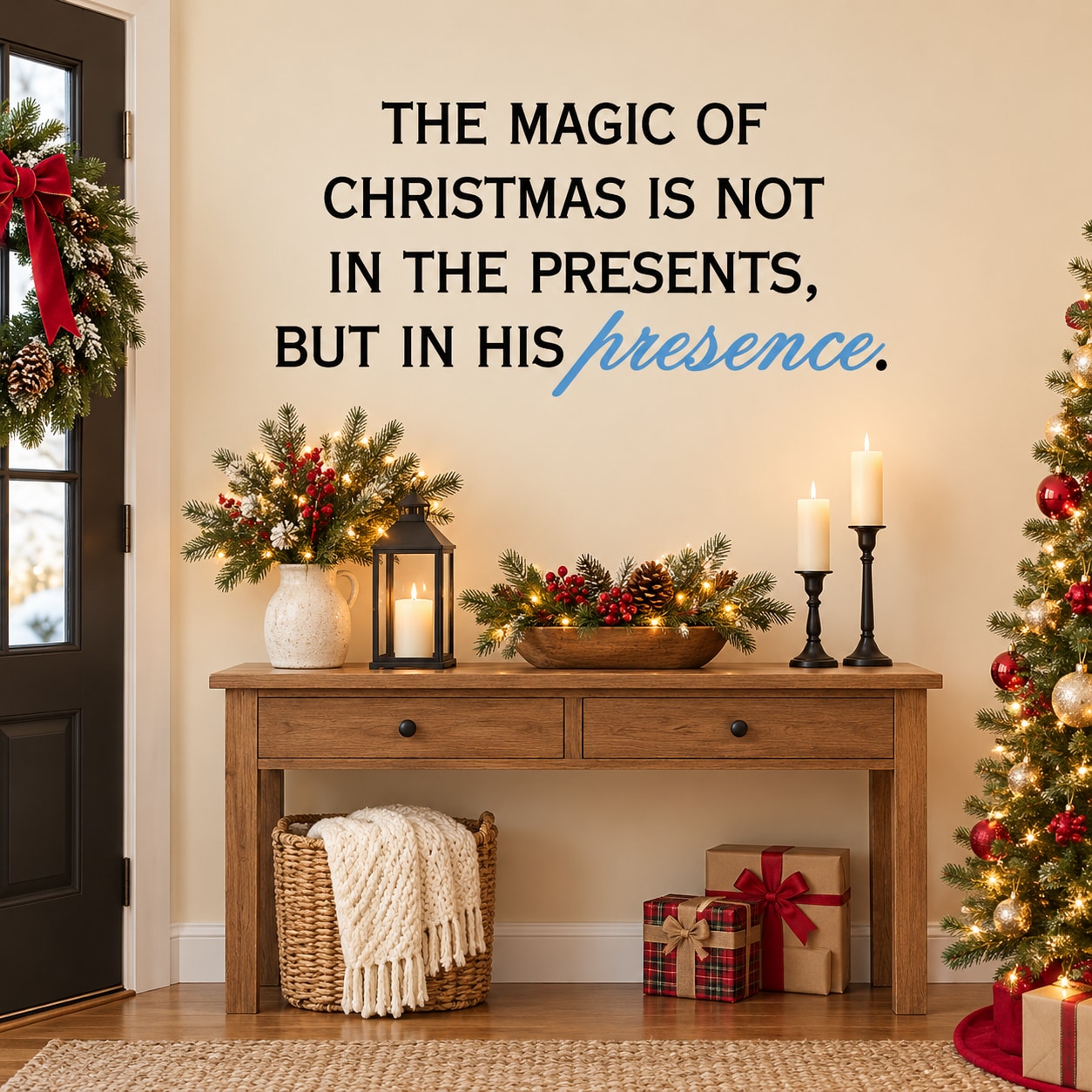 Christmas quote wall decal with black uppercase text and cursive 'presence'.
