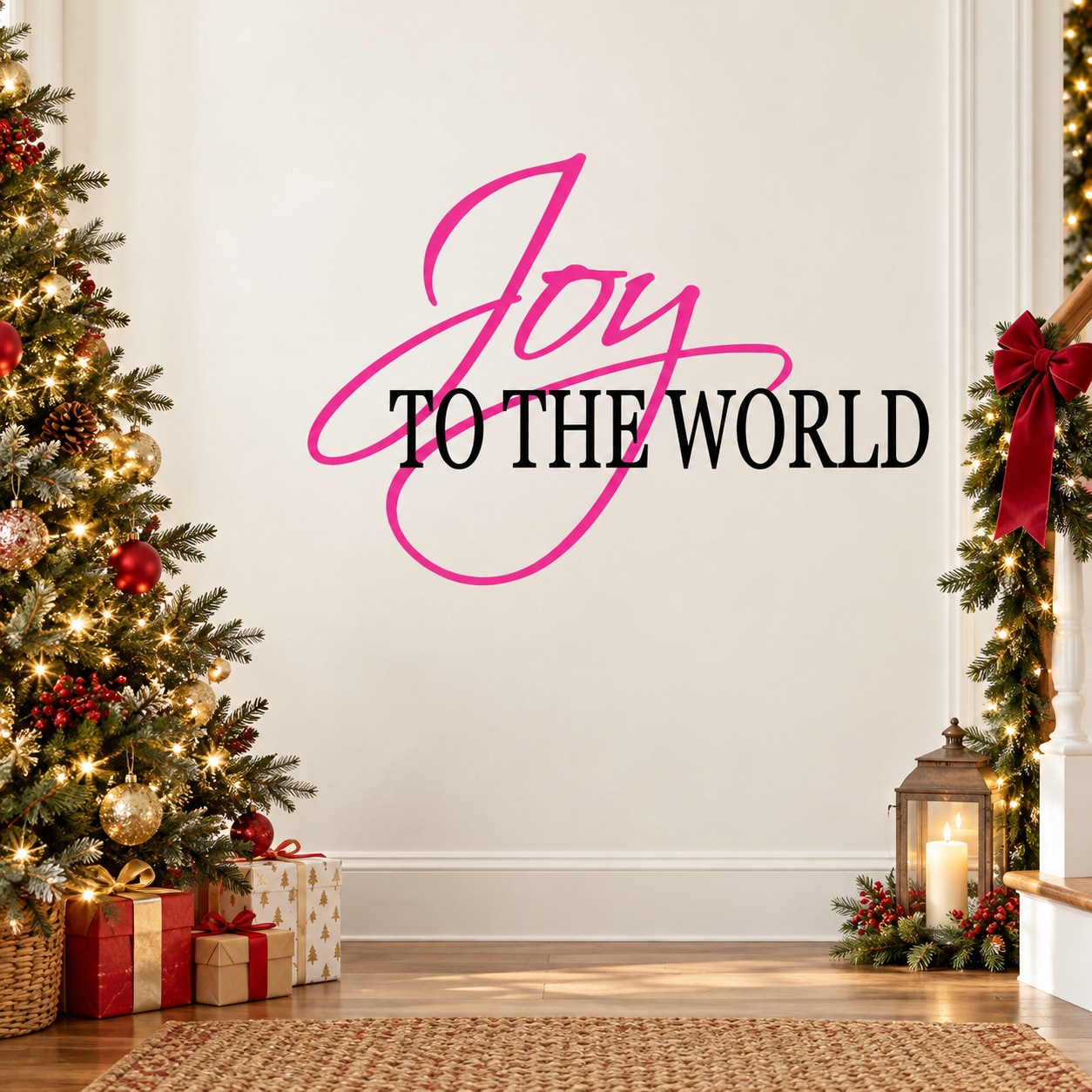“Joy to the World” quote wall decal with pink cursive Joy and black text