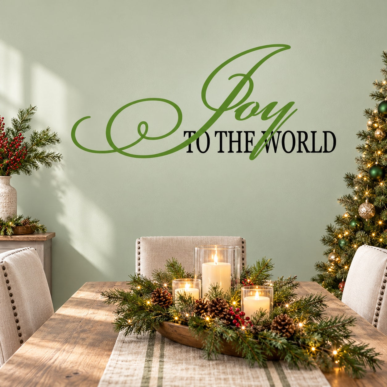 Joy to the World script wall decal in green lettering