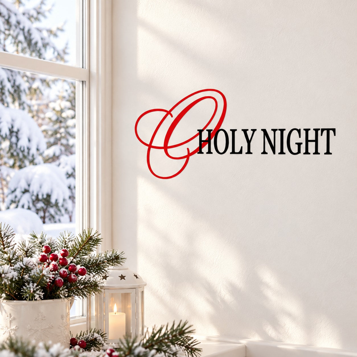 Red calligraphic wall decal: 'HOLY NIGHT' with music flourish