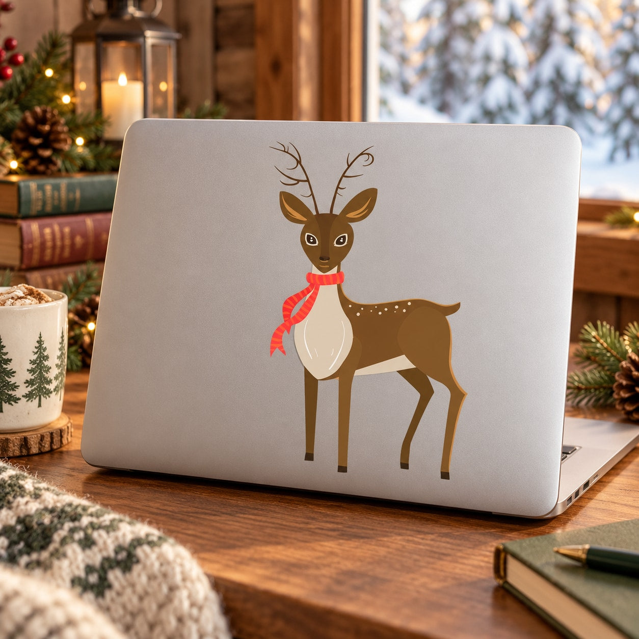 Reindeer wearing scarf sticker on laptop lid