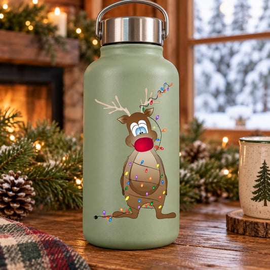 Green reindeer-themed metal water bottle with string-light graphic