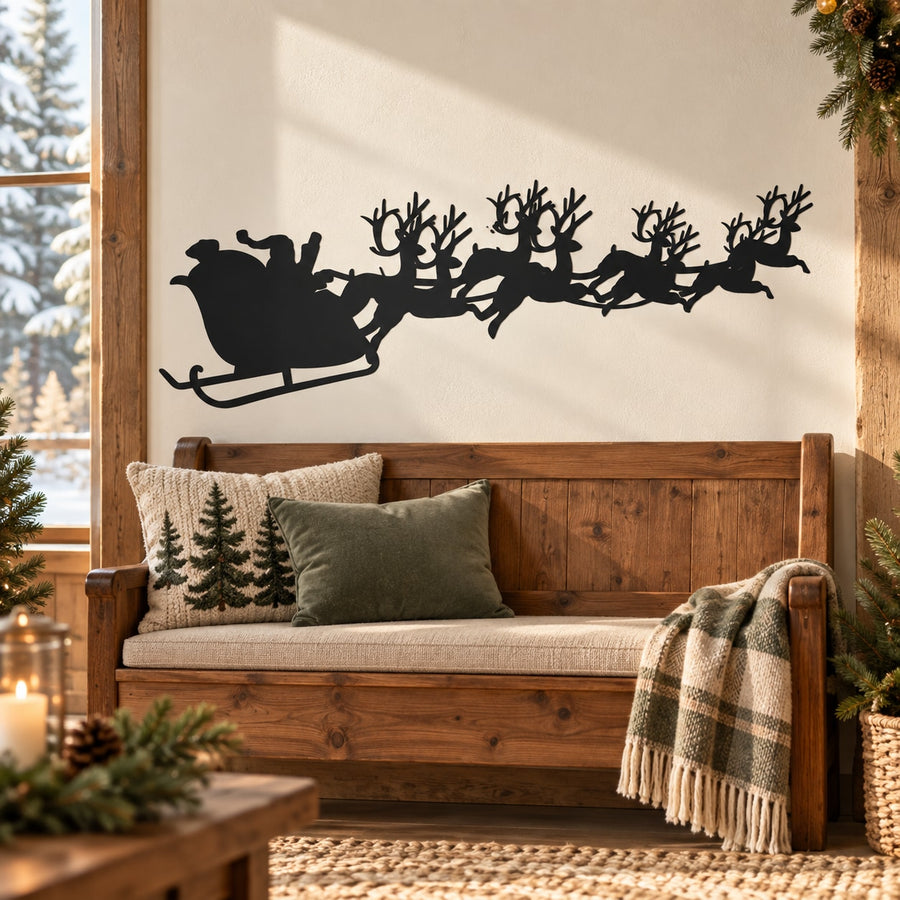 Santa Claus with reindeer silhouette wall decal, black sleigh and reindeer