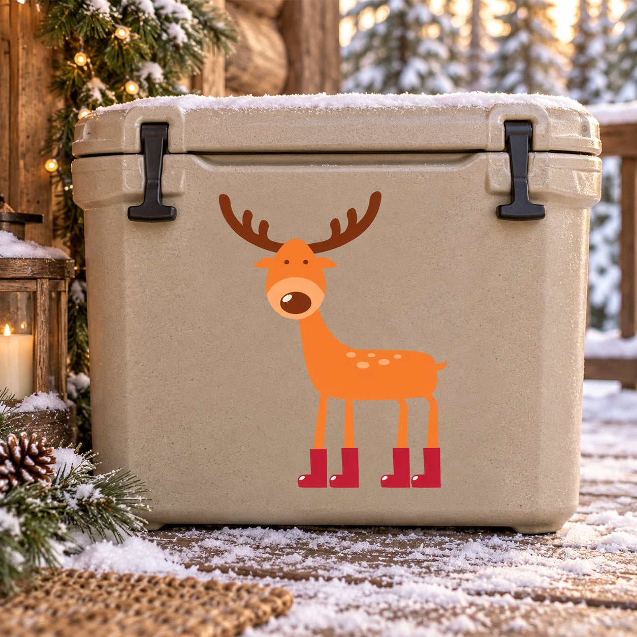 Beige holiday storage box with reindeer boots sticker graphic