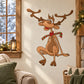 Reindeer sitting vinyl sticker with red scarf and striped green belt