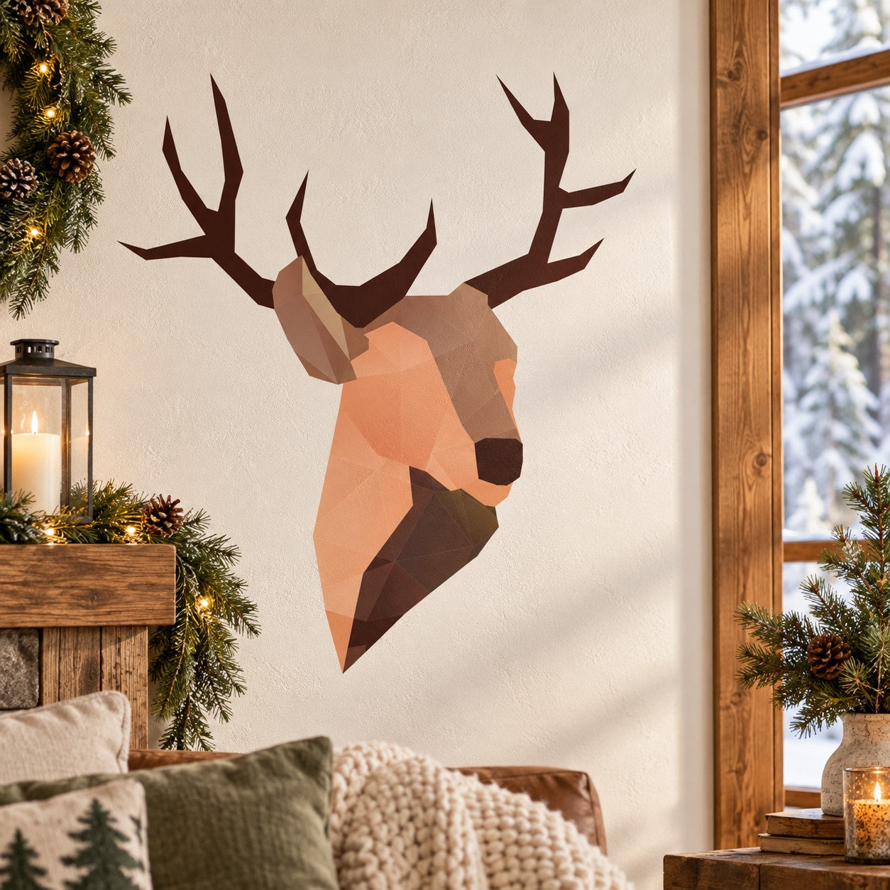 Origami reindeer sticker with brown geometric antler design