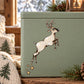 Leaping reindeer with stars Christmas sticker, white reindeer outline on dark green