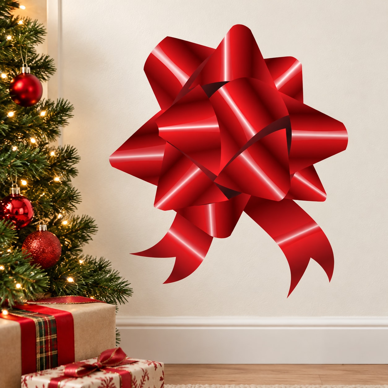 Red Christmas ribbon bow die-cut decal with glossy 3D shimmer