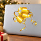 Shiny gold Christmas ribbon die-cut decal with bow and curling ends on white