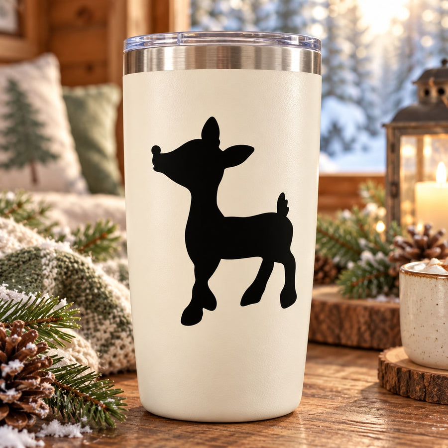 Black reindeer silhouette decal on a light-colored tumbler