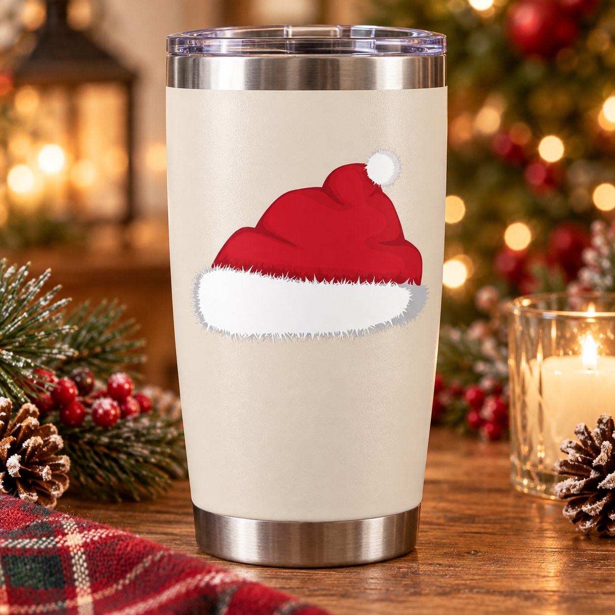 Santa hat sticker on white insulated tumbler with red hat and white trim