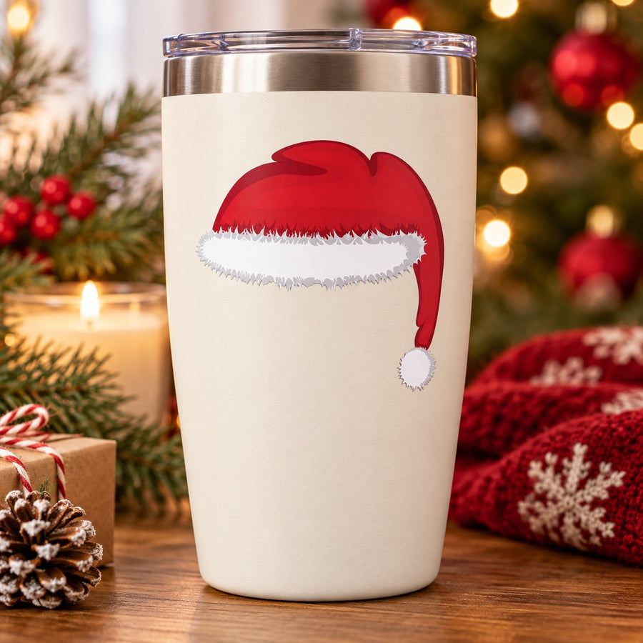 White tumbler with red Santa hat sticker graphic