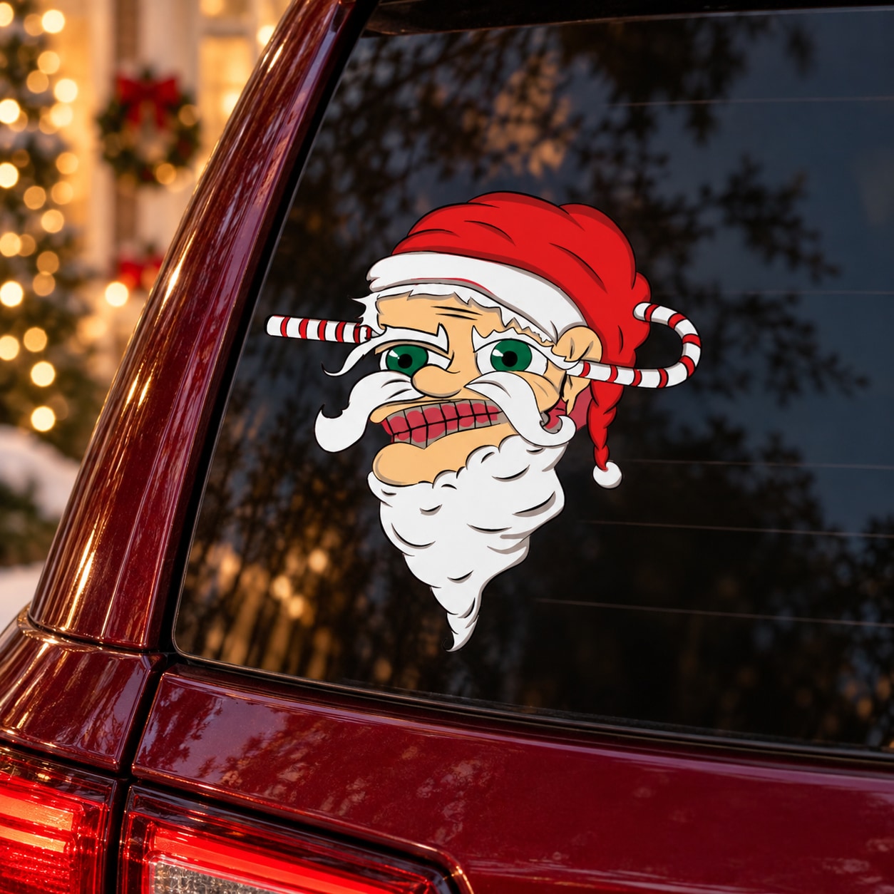 Crazy Santa face sticker with red hat, green eyes, and candy-cane-striped beard