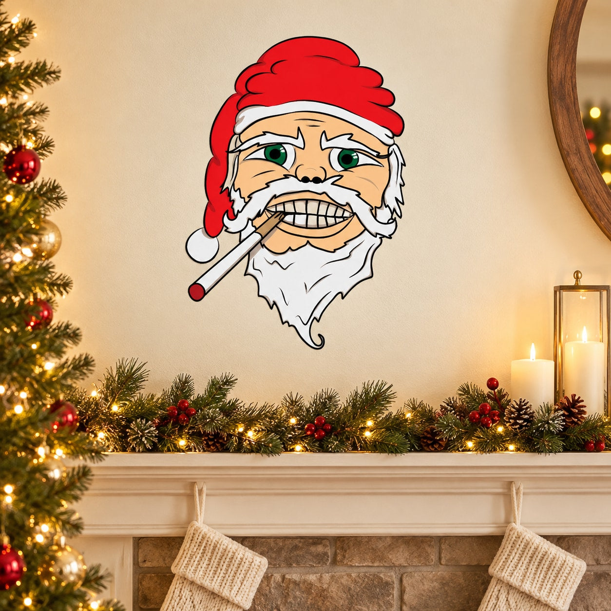 Smiling Santa face sticker with red hat and smoking pipe