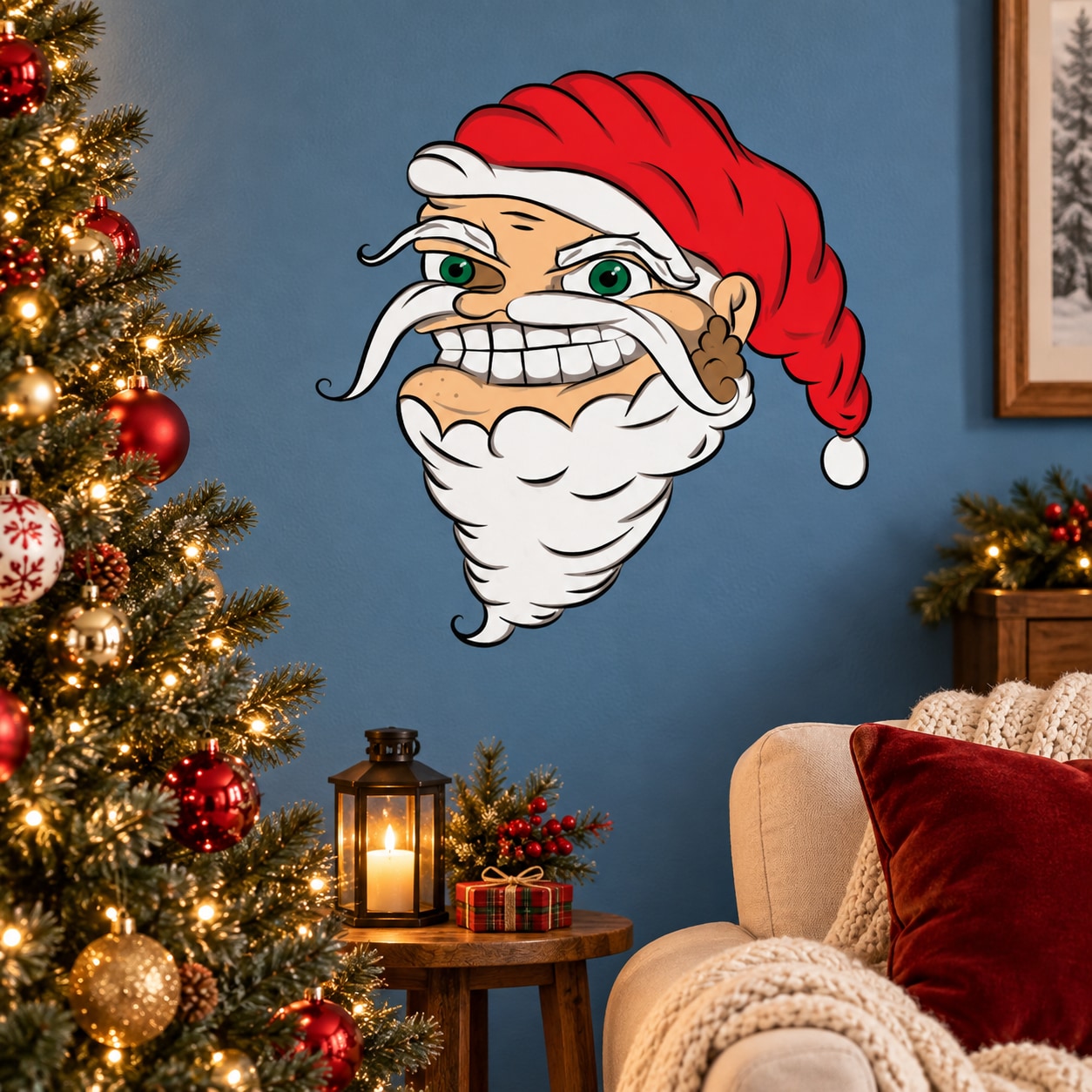 Grinning Santa face sticker with red hat and white beard