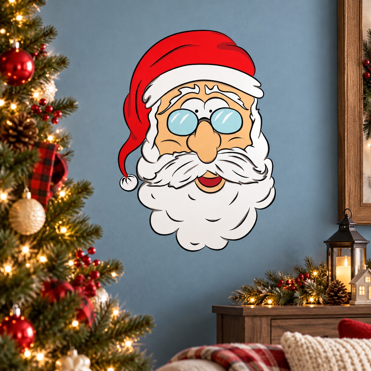 Santa Claus sticker with red hat, blue round glasses, and white beard