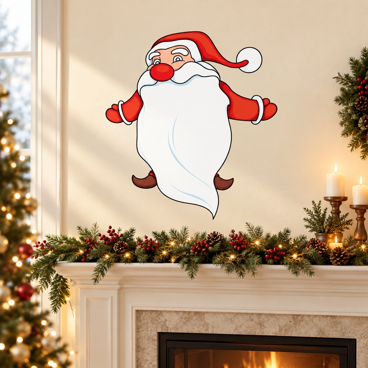 Santa long-beard Christmas sticker with red hat and white beard, full-body cartoon