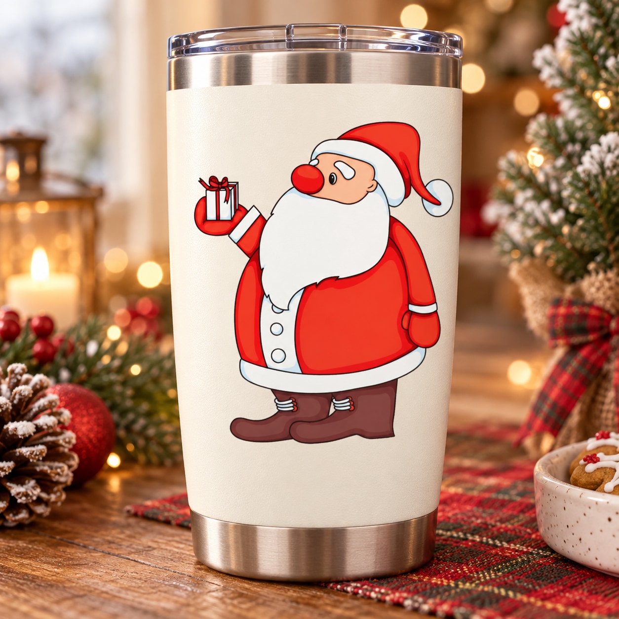 Stainless steel tumbler with Santa sticker holding a red gift bag