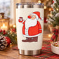 Stainless steel tumbler with Santa sticker holding a red gift bag