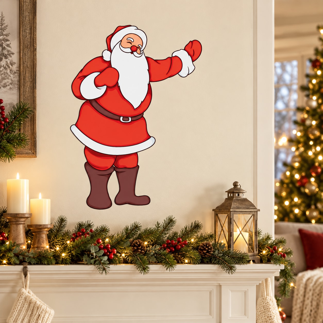 Christmas Santa waving sticker with red suit, white beard, and raised right hand