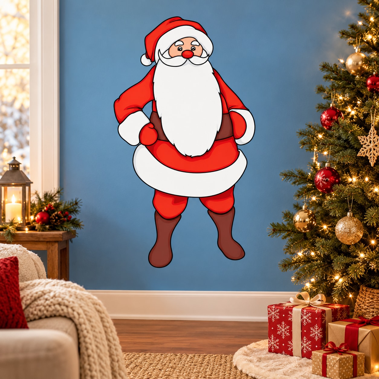 Christmas Santa face sticker with red suit, white beard, and smiling pose