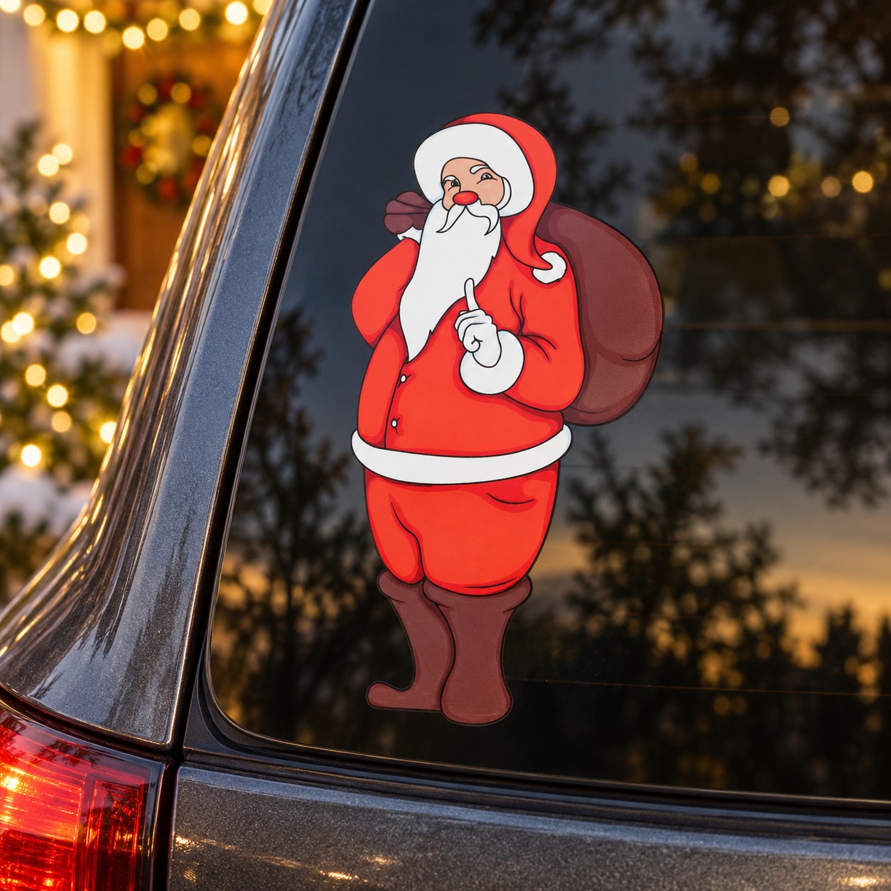Santa Claus finger-wagging pose sticker, red suit cartoon on dark surface