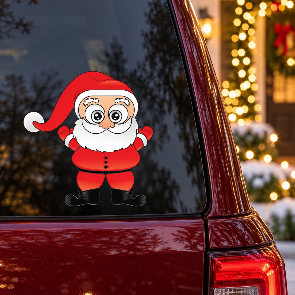 Christmas Santa sticker with big eyes and red hat on a glossy surface
