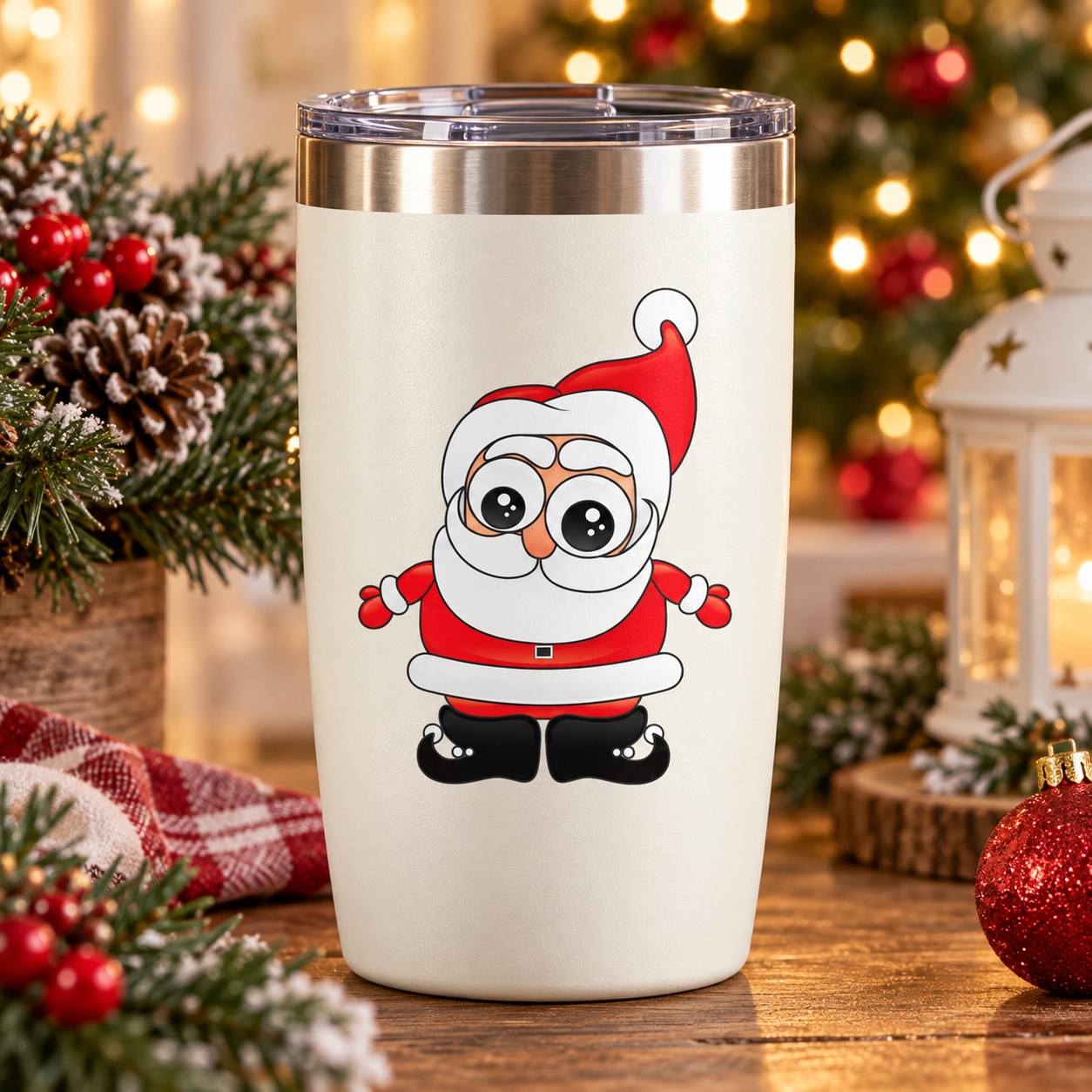 White insulated tumbler with cartoon Santa shrugging sticker, clear lid