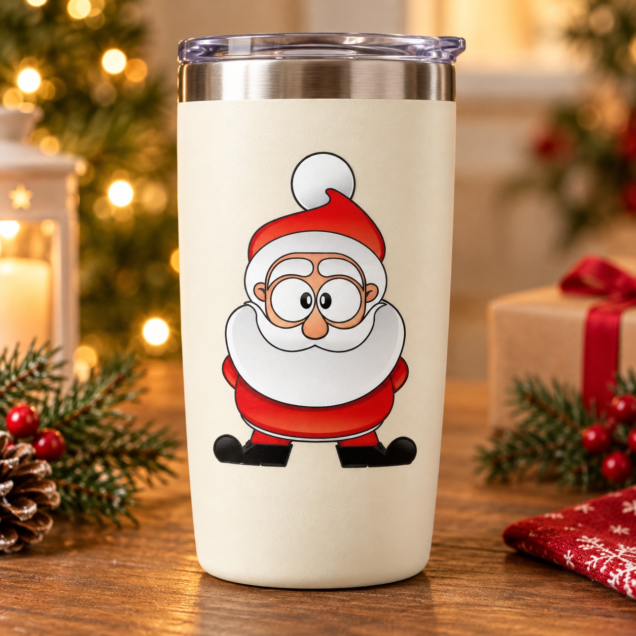 Santa face decal sticker on a white tumbler, red hat and suit, black boots