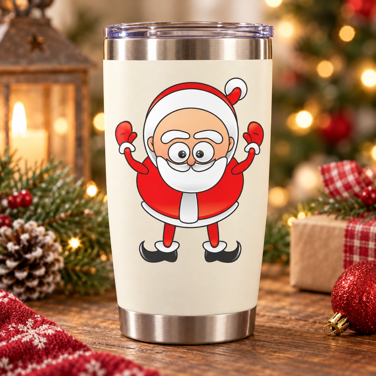 Tall stainless steel tumbler with Santa Claus cartoon standing sticker