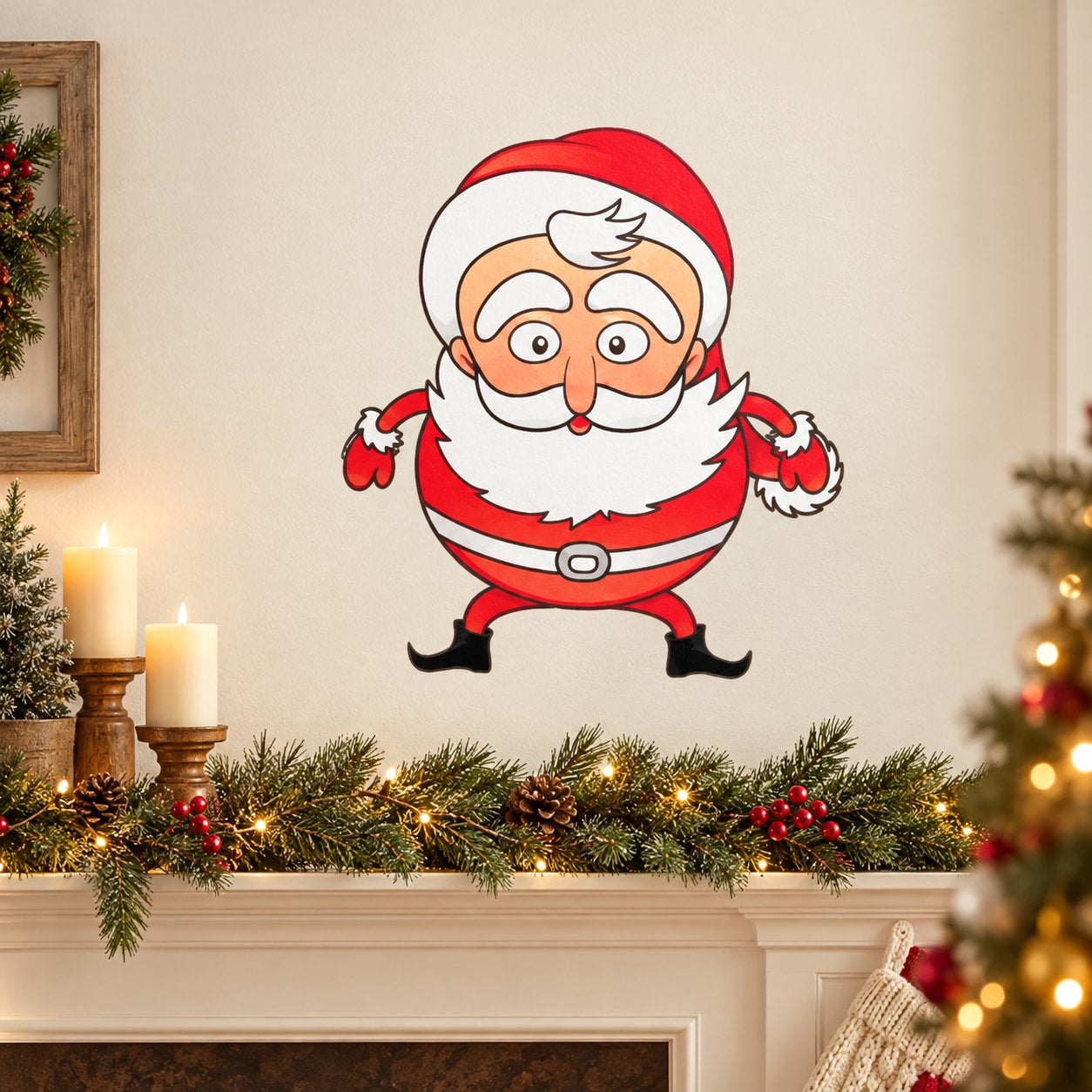 Cartoon Santa Claus ready-pose sticker in red and white, round face and beard