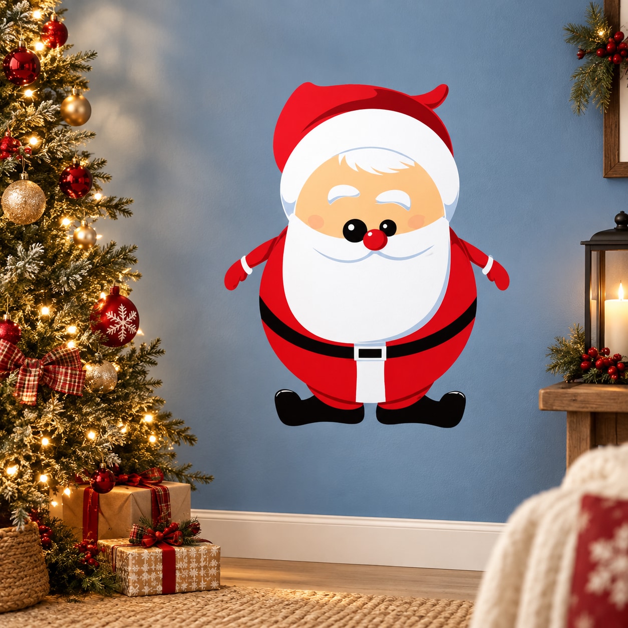 Santa Claus cartoon sticker with red hat, white beard, and black belt