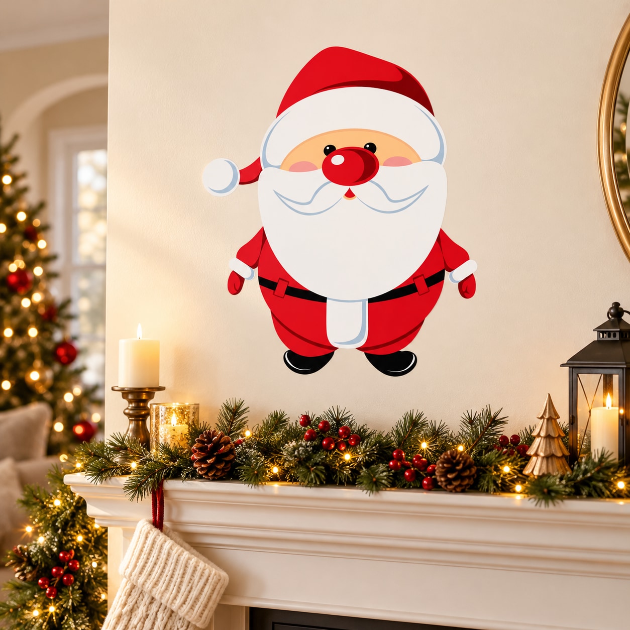 Santa face sticker with bright red nose, white beard, and red hat