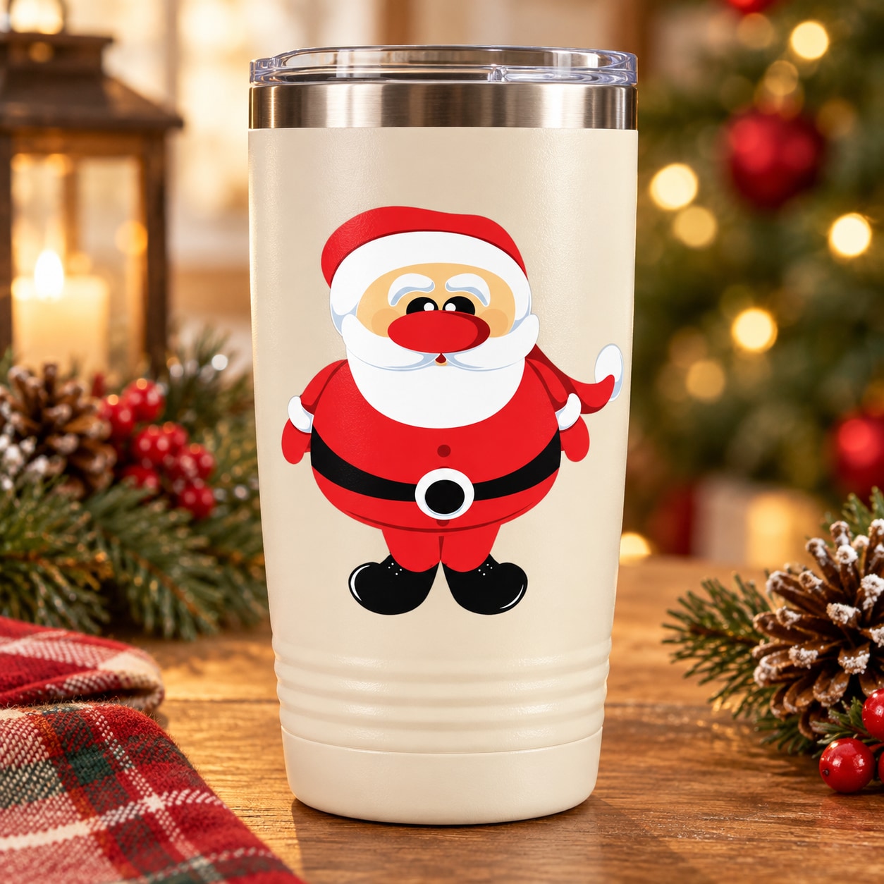 Santa Claus graphic sticker on cream tumbler, red hat and suit