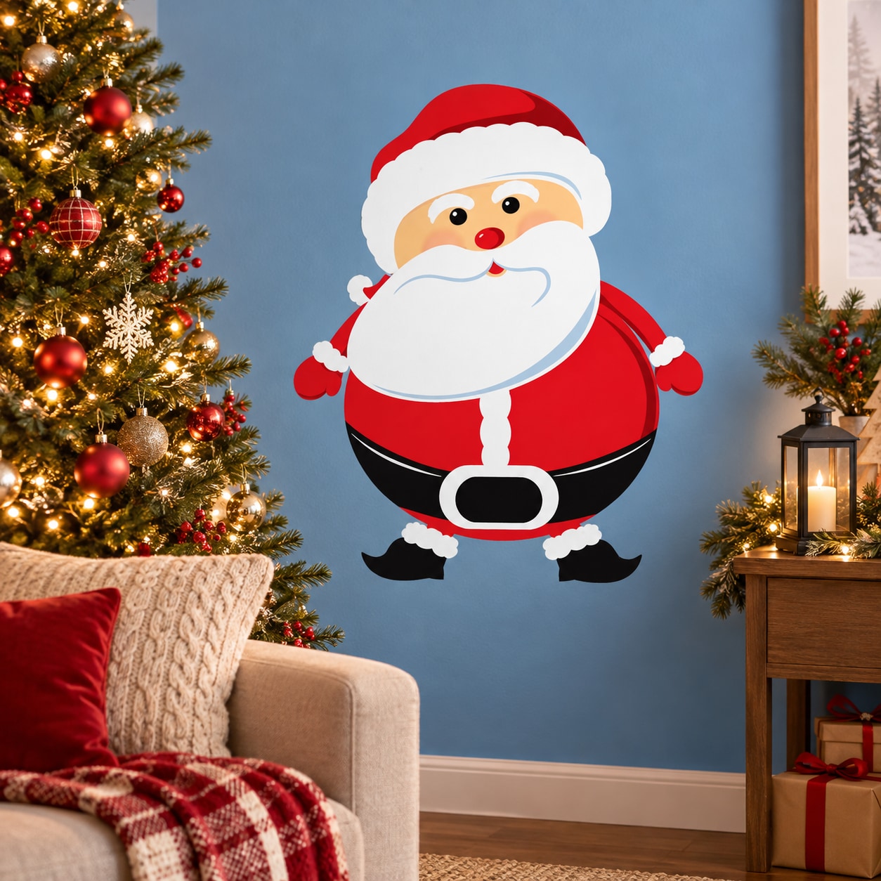 Santa Claus staring-back sticker: red suit, white beard, black belt buckle.