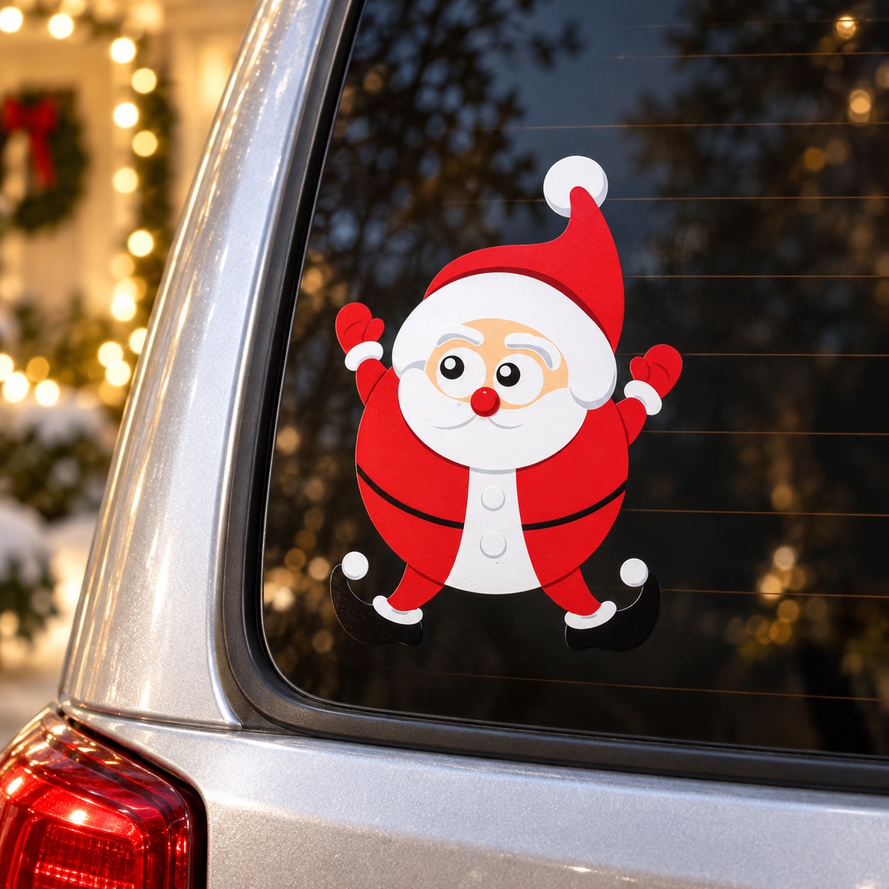 Red and white Santa Claus jumping look window sticker with black outline